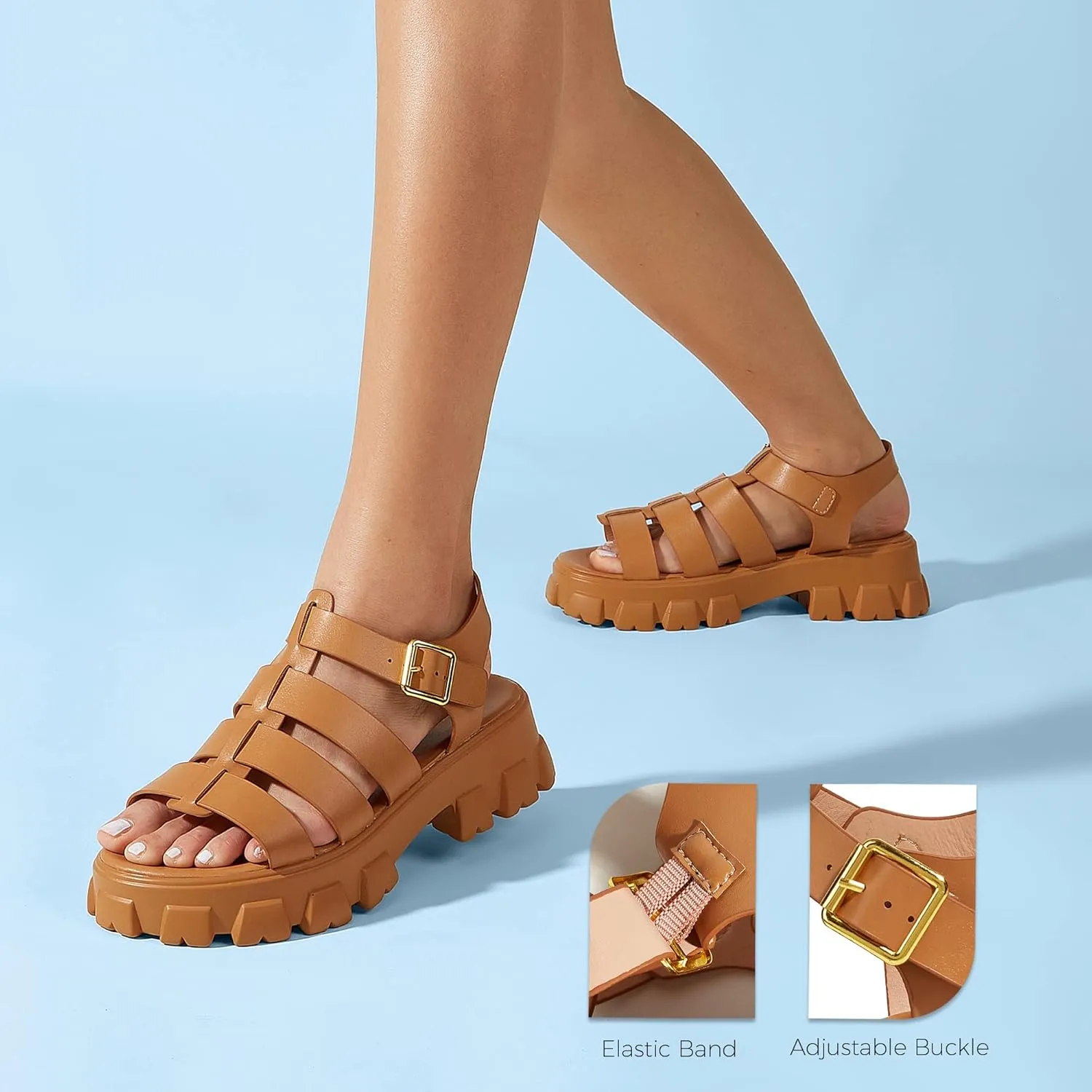 LUCKY STEP Women 's Platform Wedge Sandals Open Toe Adjustable Ankle Strap Chunky Heel