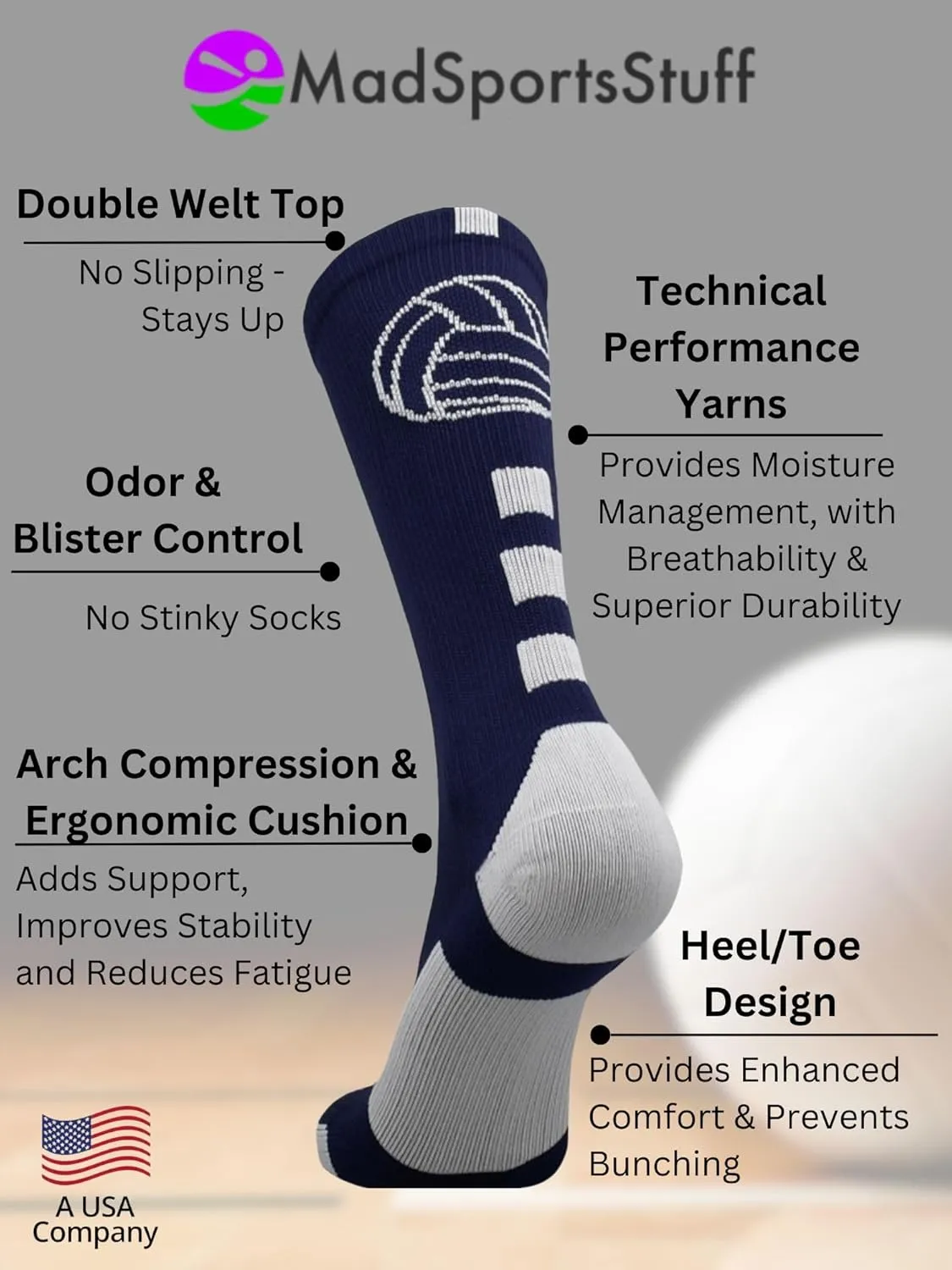 MadSportsStuff Volleyball Socks for Girls, Women & Teens in Crew Length Volleyball Accessories and Gifts