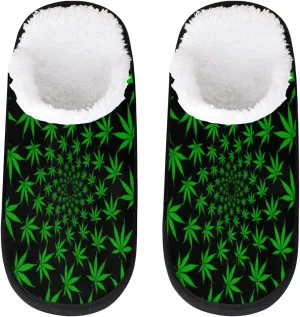 Marijuana Leaves Pattern Winter House Slippers for Women men Memory Foam Travel Slippers Wool-Like Couple Slipper Non-Slip Women’s Slippers for Hotel Bedroom