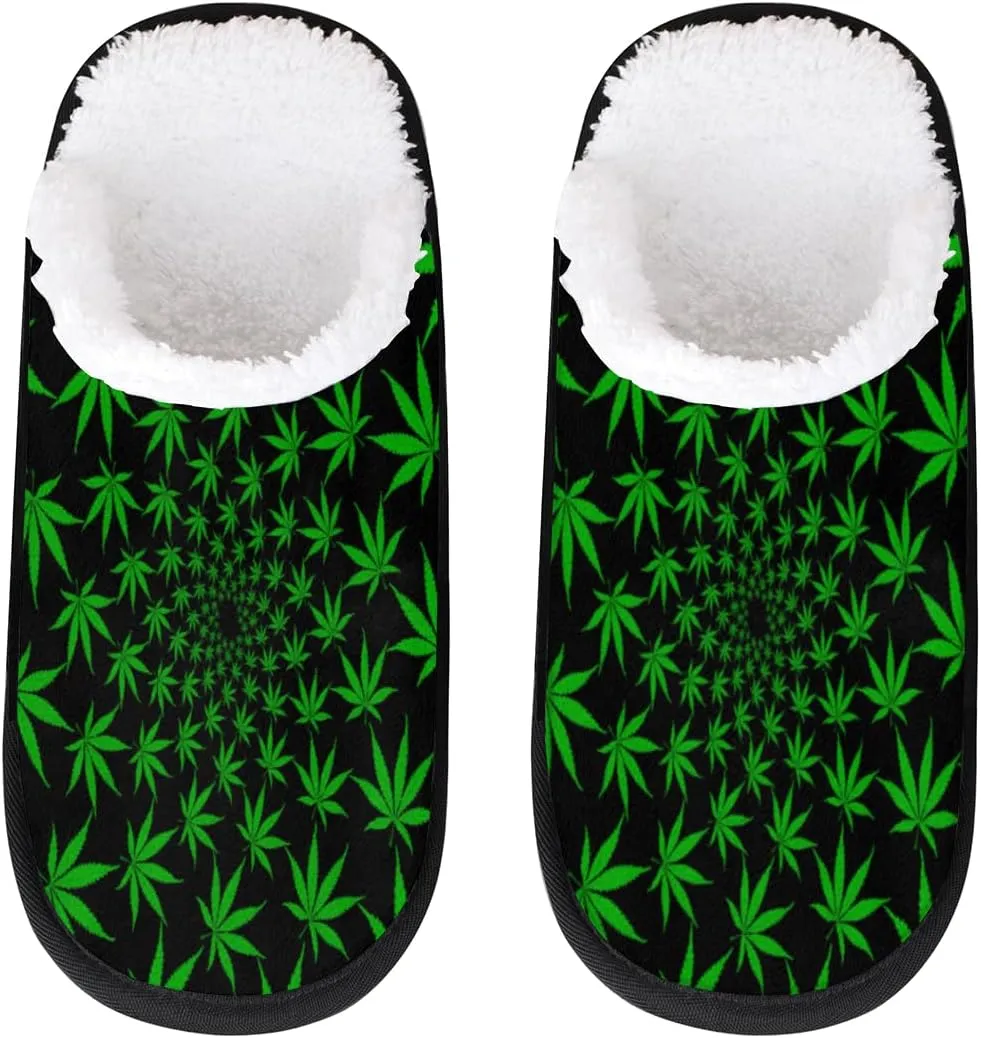 Marijuana Leaves Pattern Winter House Slippers for Women men Memory Foam Travel Slippers Wool-Like Couple Slipper Non-Slip Women’s Slippers for Hotel Bedroom
