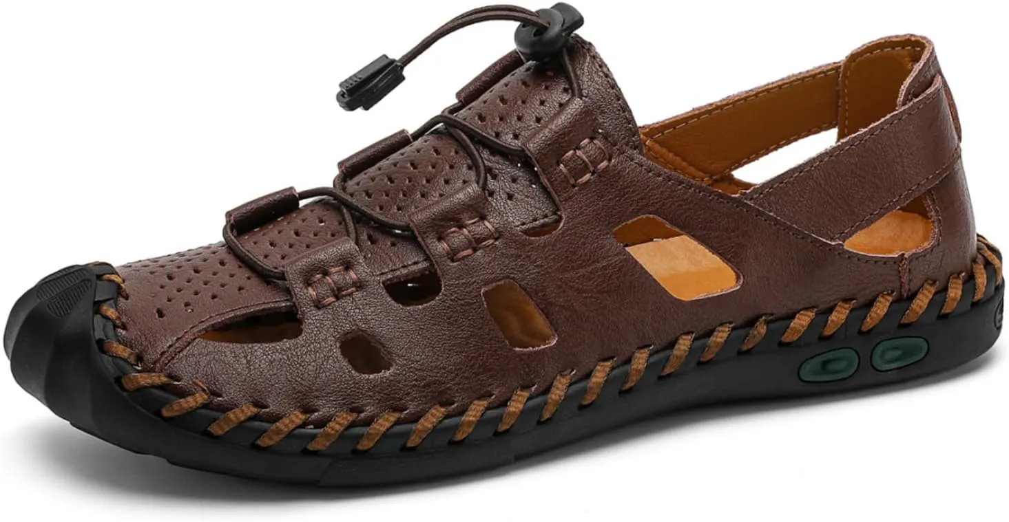 Mens Casual Closed Toe Leather Sandals Outdoor Fisherman Adjustable Sport Summer Shoes