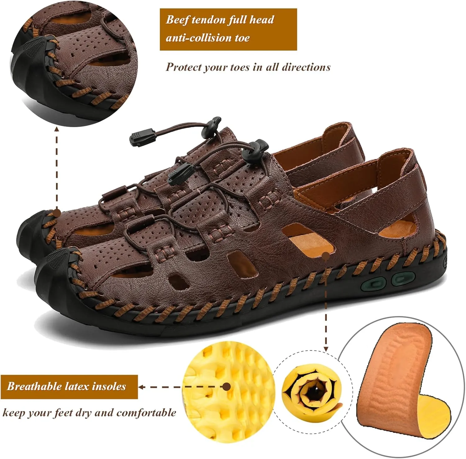 Mens Casual Closed Toe Leather Sandals Outdoor Fisherman Adjustable Sport Summer Shoes