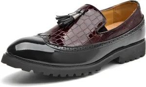 Men's Classic Wingtip Tassel Dress Shoes Two Tone Leather Loafers Shoes Non-Slip Lug Sole for Formal Business