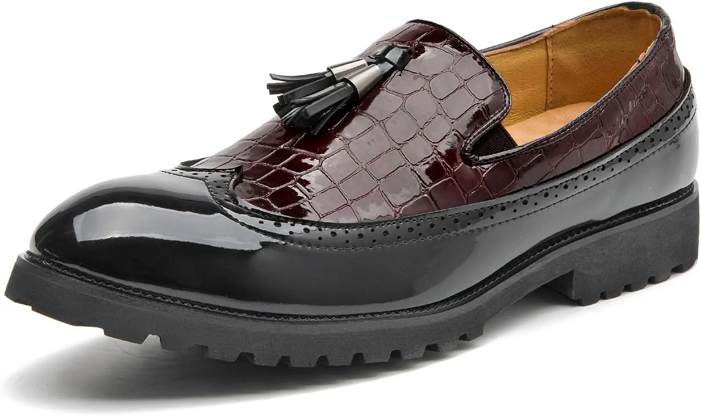 Men's Classic Wingtip Tassel Dress Shoes Two Tone Leather Loafers Shoes Non-Slip Lug Sole for Formal Business