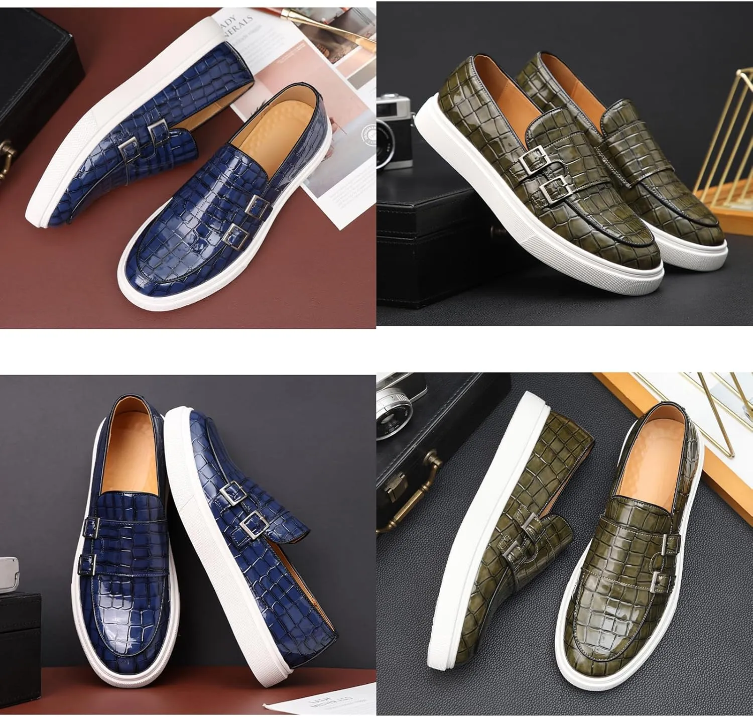 Men's Crocodile Print Double Monk Strap Slip-on Loafers Fashion Patent Leather Classic Oxford Dress Business Shoes Rointed Toe Comfort Sneakers