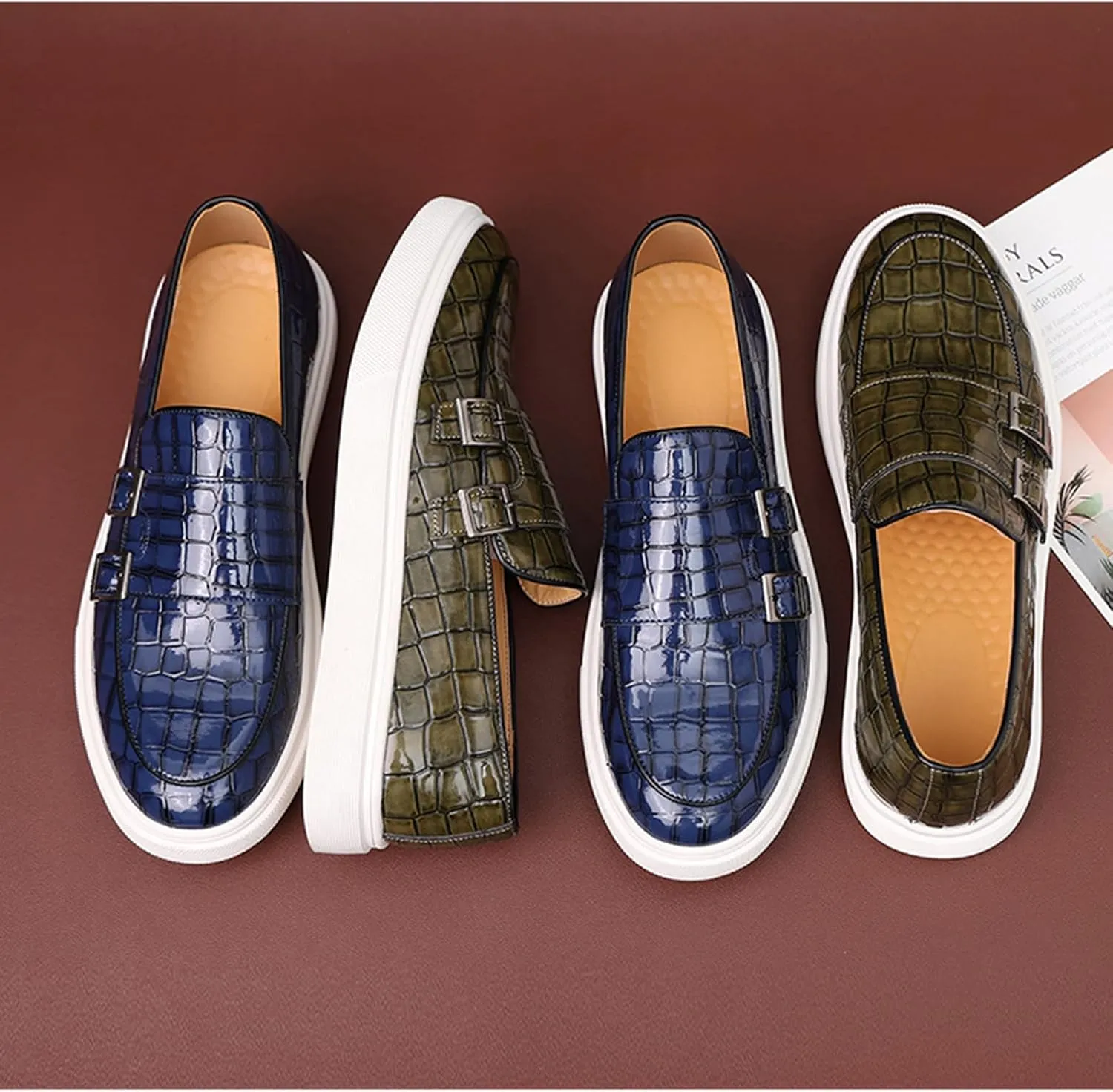 Men's Crocodile Print Double Monk Strap Slip-on Loafers Fashion Patent Leather Classic Oxford Dress Business Shoes Rointed Toe Comfort Sneakers
