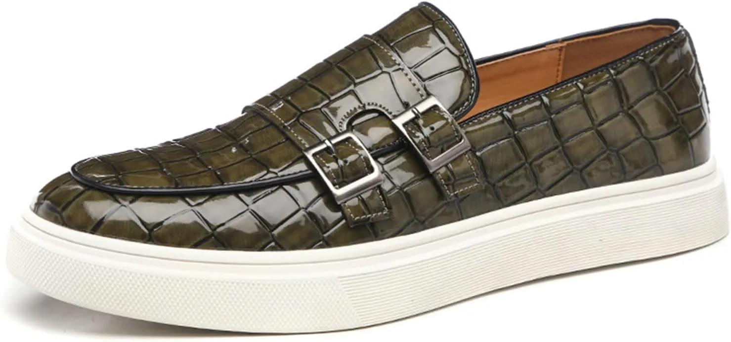 Men's Crocodile Print Double Monk Strap Slip-on Loafers Fashion Patent Leather Classic Oxford Dress Business Shoes Rointed Toe Comfort Sneakers