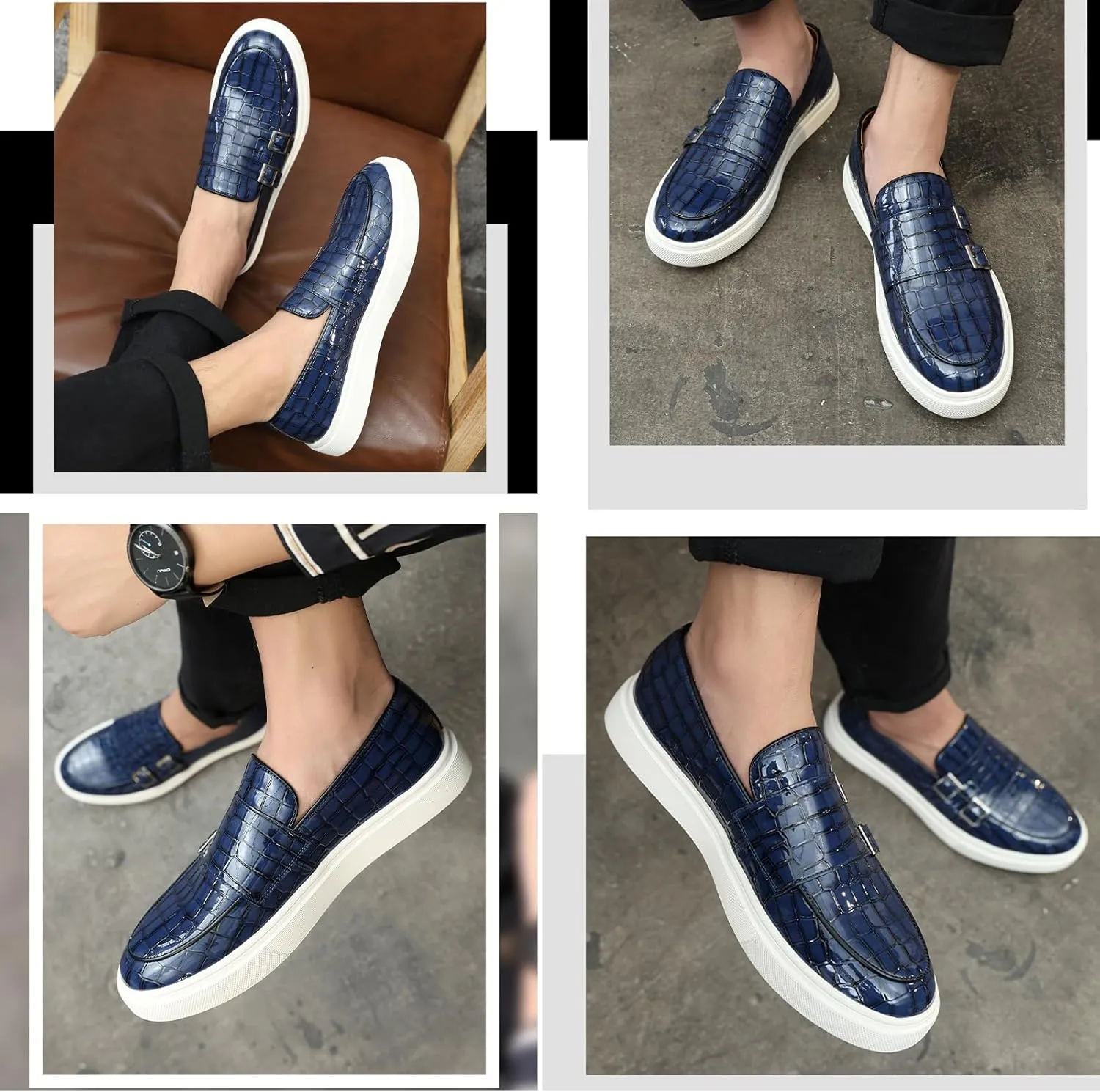 Men's Crocodile Print Double Monk Strap Slip-on Loafers Fashion Patent Leather Classic Oxford Dress Business Shoes Rointed Toe Comfort Sneakers