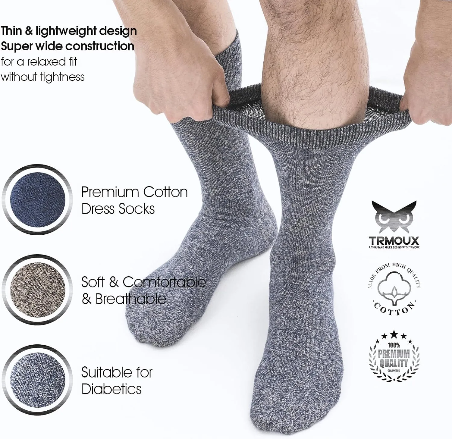 Mens Dress Socks Diabetic Socks for Men Colored Cotton Crew Thin Extra Wide Non-Binding Soft Breathable, 6-Pack
