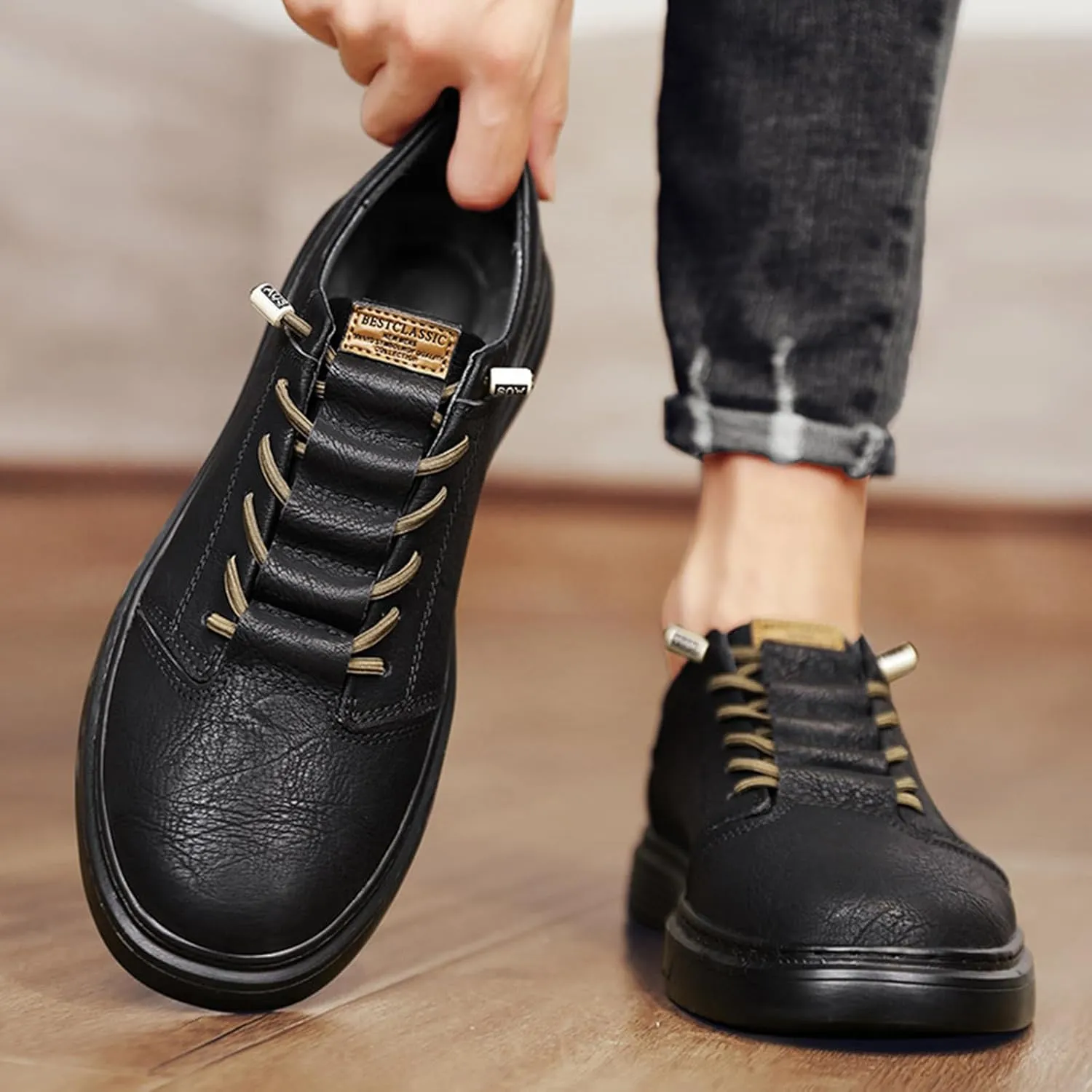Men's Leather Fashion Sneakers Low Top Lace Up Round-Toe Waterproof Casual Sneake Retro Comfortable Business Oxford Dress Shoes