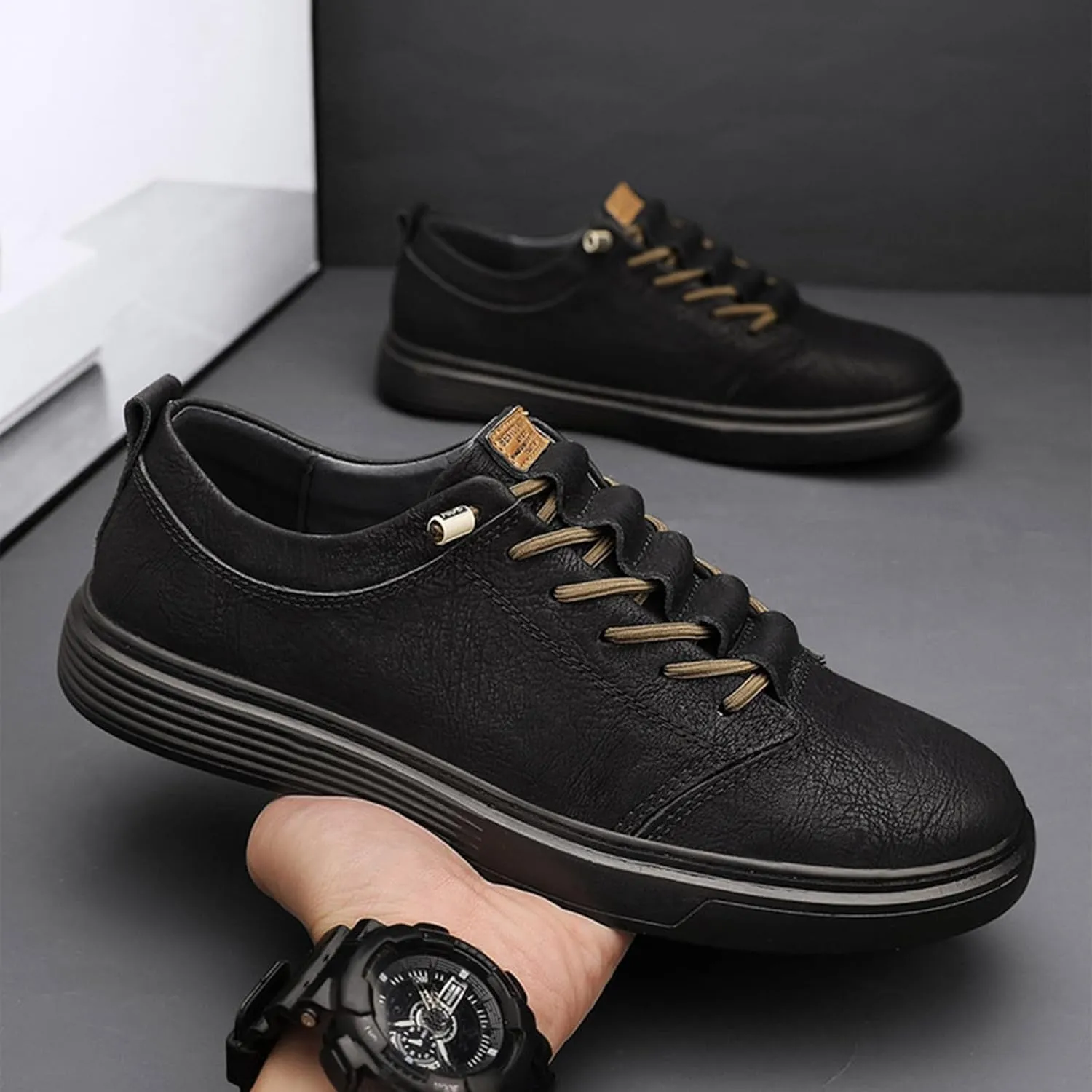 Men's Leather Fashion Sneakers Low Top Lace Up Round-Toe Waterproof Casual Sneake Retro Comfortable Business Oxford Dress Shoes