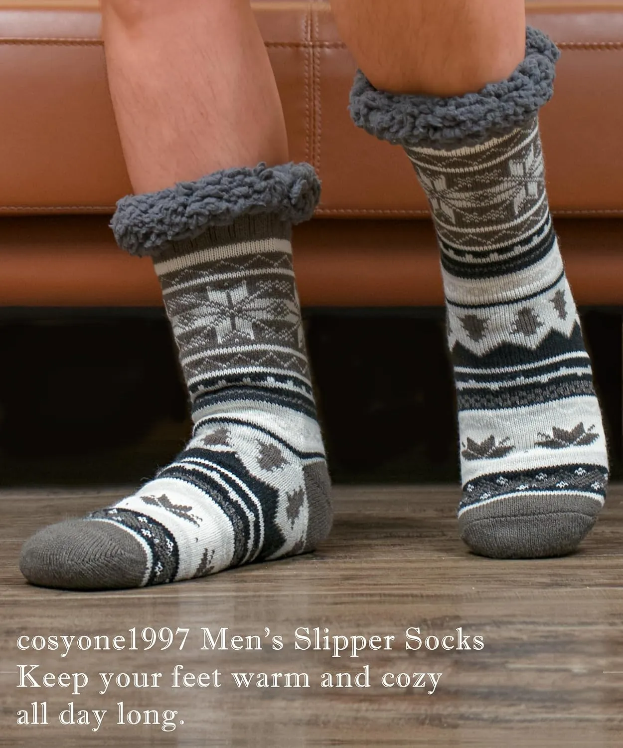 Men's Warm Slipper Socks with Grips, Winter Thermal Cabin Fuzzy Socks, Cozy Christmas Gifts for Men Unique