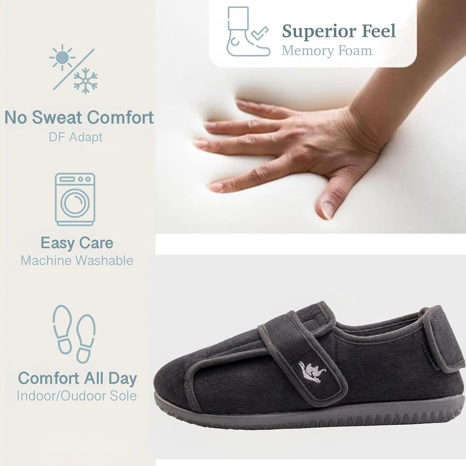 Men's Wide 80-D Memory Foam Diabetic Slippers with Adjustable Closures Breathable Washable Indoor/Outdoor House Shoe w/Anti Slip Sole