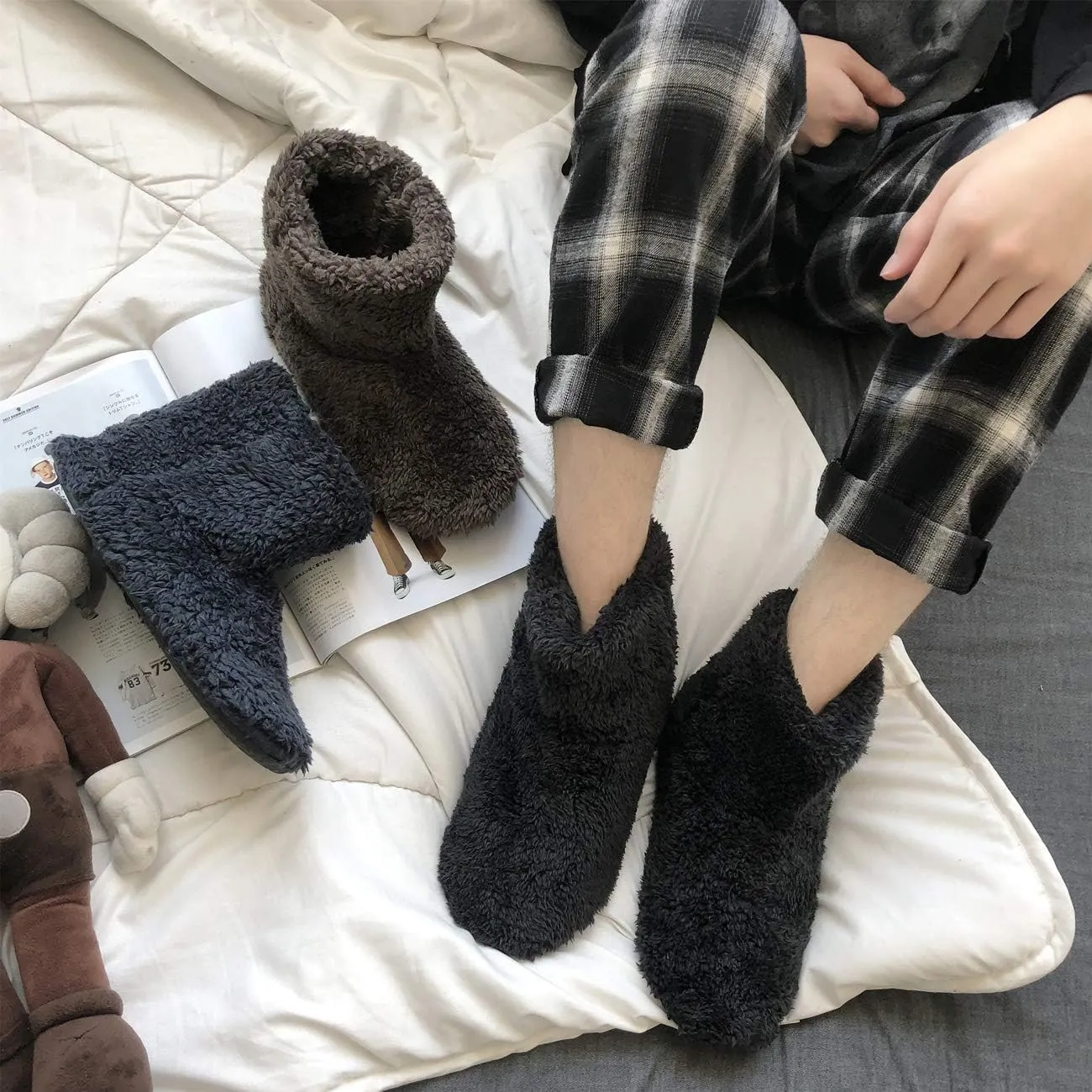 mianshe Women's and Men's Fluffy Bootie Slipper Sock with Memory Foam House Shoes