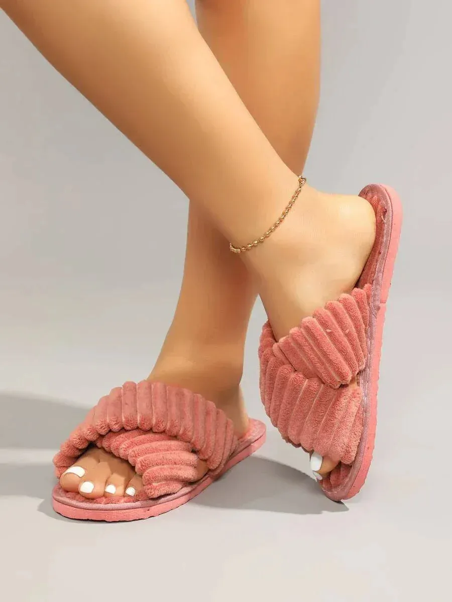 Minimalist Criss Cross Fluffy Bedroom Slippers
