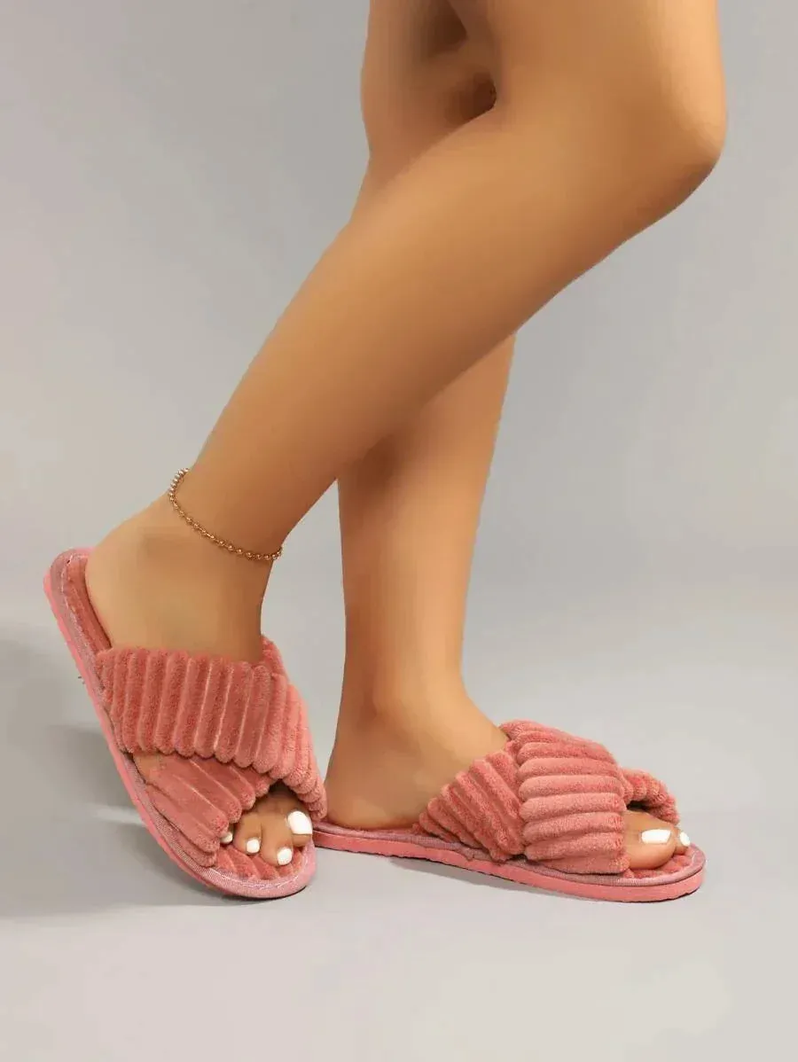 Minimalist Criss Cross Fluffy Bedroom Slippers