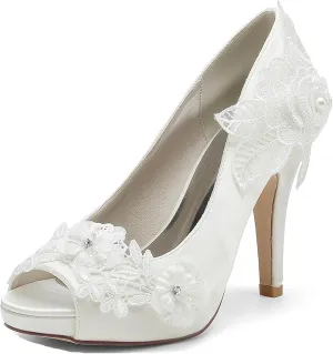 Minishion Wedding Shoes for Bride High Heels Platform Womens Evening Prom Sandals with Flower BR116