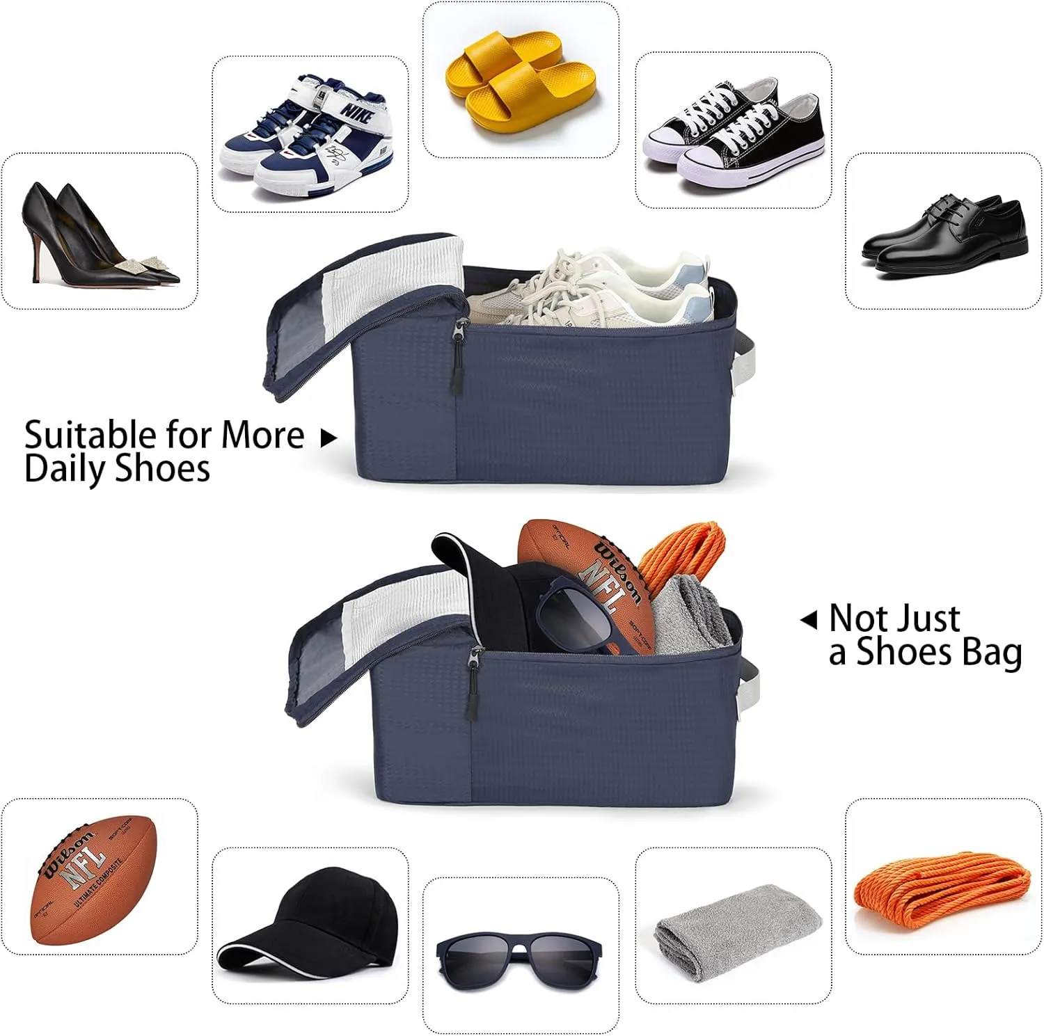 MissBoy Travel Shoe Bags, Set of 2 (Large Small) Water Resistant Shoe Bag with Zipper & Handle, Foldable Shoe Storage Organizer for Men and Women - Navy Blue