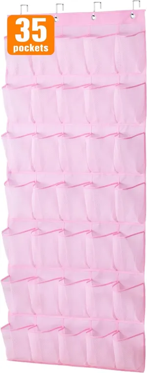 MISSLO 35 Pockets Kids Shoe Organizer for Baby Sturdy Oxford Toddler Shoe Rack for Closet Cute Over The Door Shoe Storage Hanging Pink Girl Room Decor