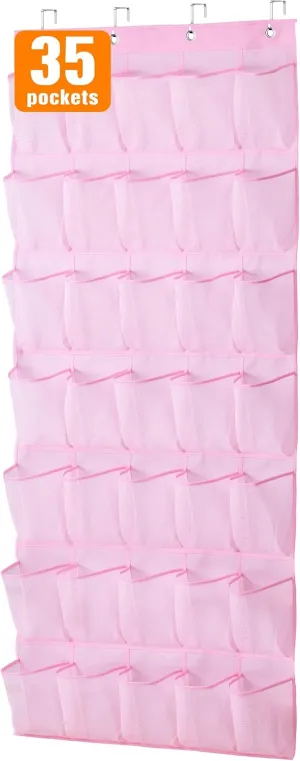 MISSLO 35 Pockets Kids Shoe Organizer for Baby Sturdy Oxford Toddler Shoe Rack for Closet Cute Over The Door Shoe Storage Hanging Pink Girl Room Decor