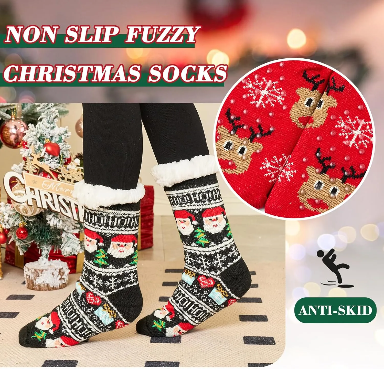Moon Tree Women Fuzzy Socks - Thick Winter Warm With Grips, Thermal Lined Fluffy Xmas for Home - 3 Pack