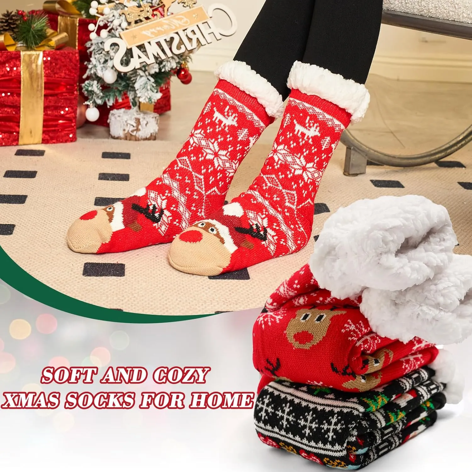 Moon Tree Women Fuzzy Socks - Thick Winter Warm With Grips, Thermal Lined Fluffy Xmas for Home - 3 Pack