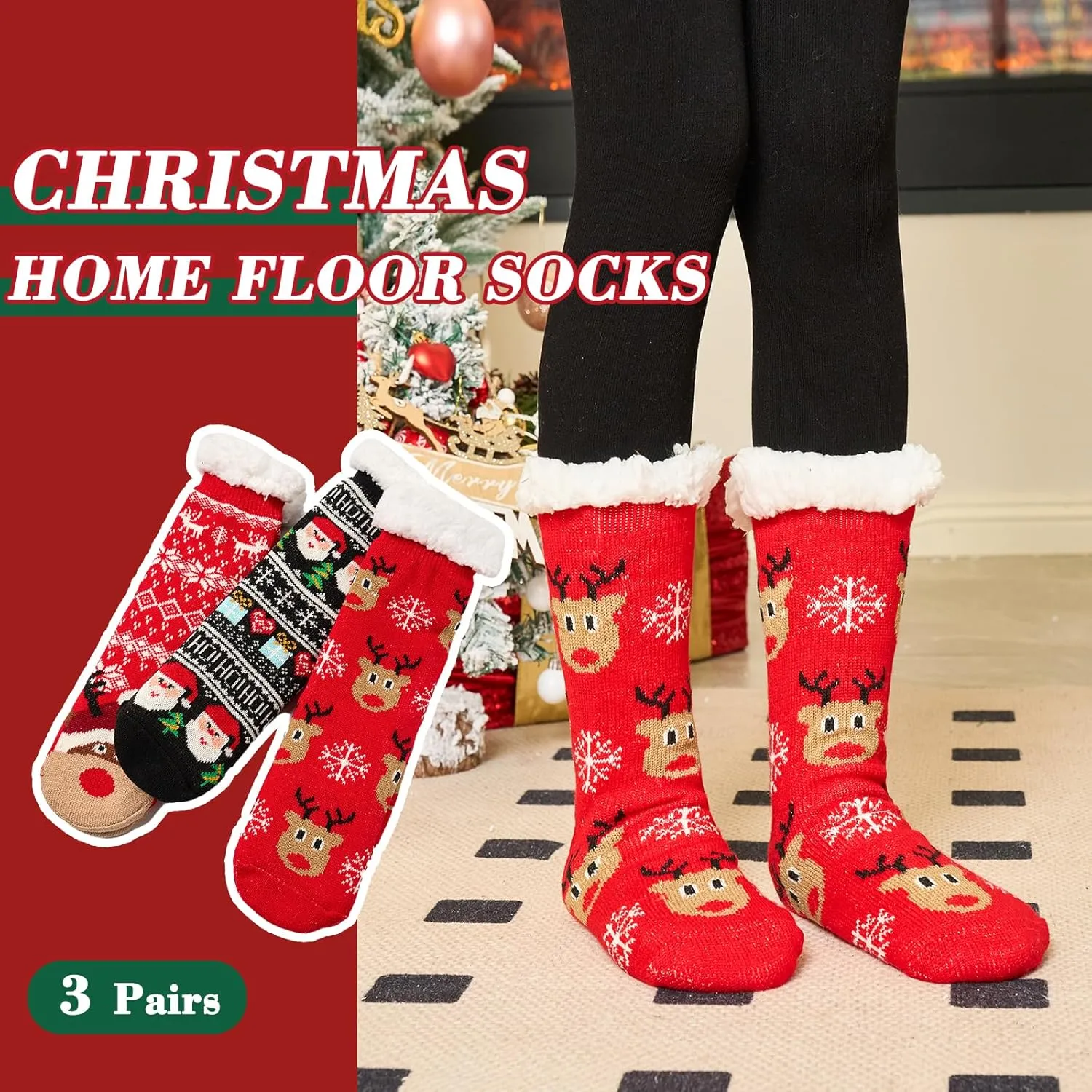 Moon Tree Women Fuzzy Socks - Thick Winter Warm With Grips, Thermal Lined Fluffy Xmas for Home - 3 Pack