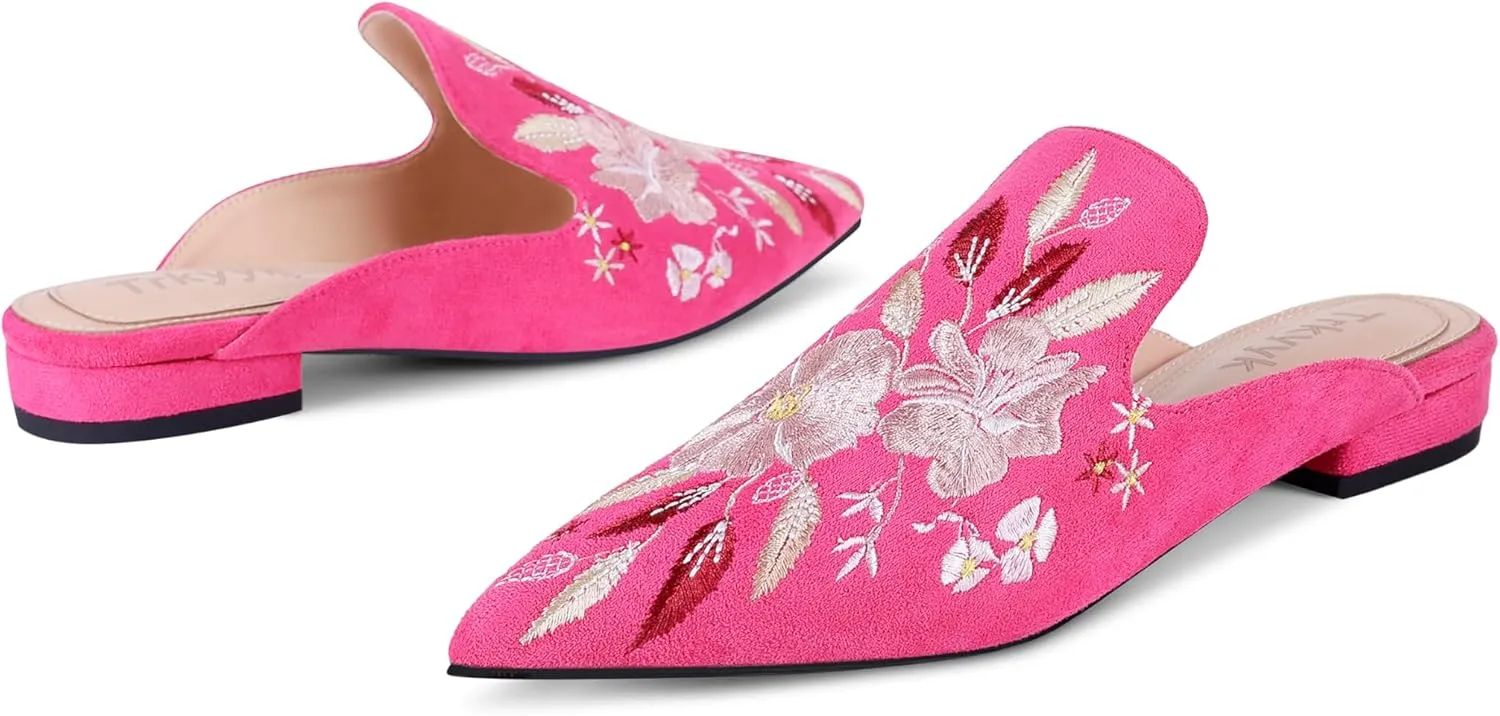 Mules for Women Pointed Toe Embroidered Shoes Comfortable Flats Backless Loafers