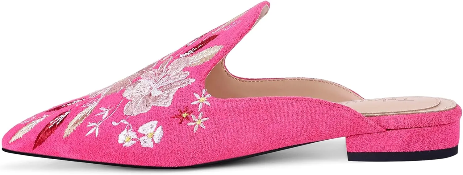 Mules for Women Pointed Toe Embroidered Shoes Comfortable Flats Backless Loafers