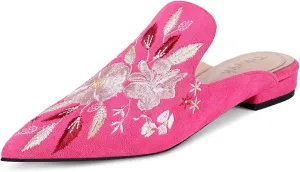 Mules for Women Pointed Toe Embroidered Shoes Comfortable Flats Backless Loafers