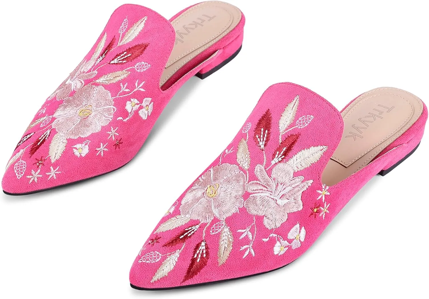 Mules for Women Pointed Toe Embroidered Shoes Comfortable Flats Backless Loafers