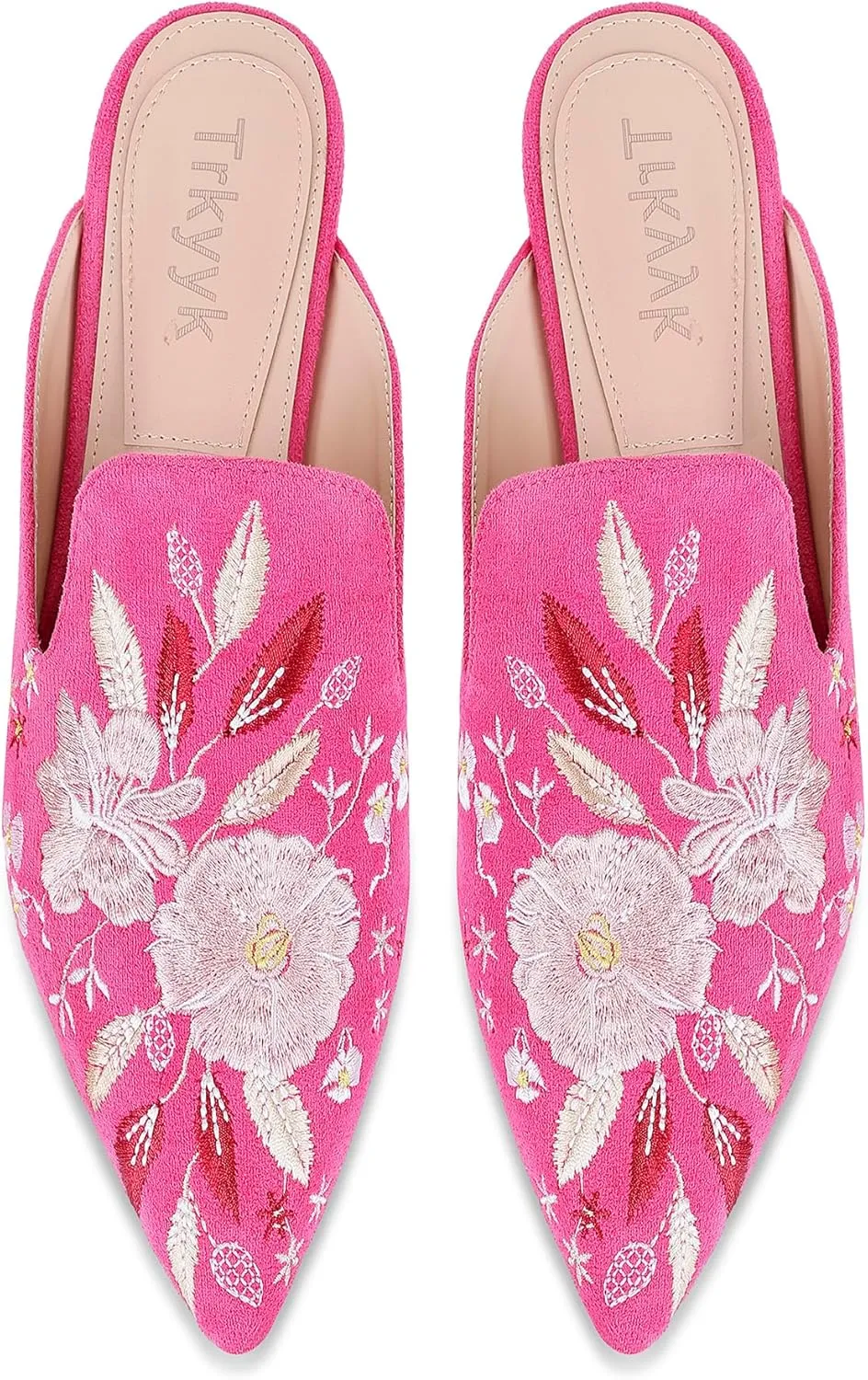 Mules for Women Pointed Toe Embroidered Shoes Comfortable Flats Backless Loafers