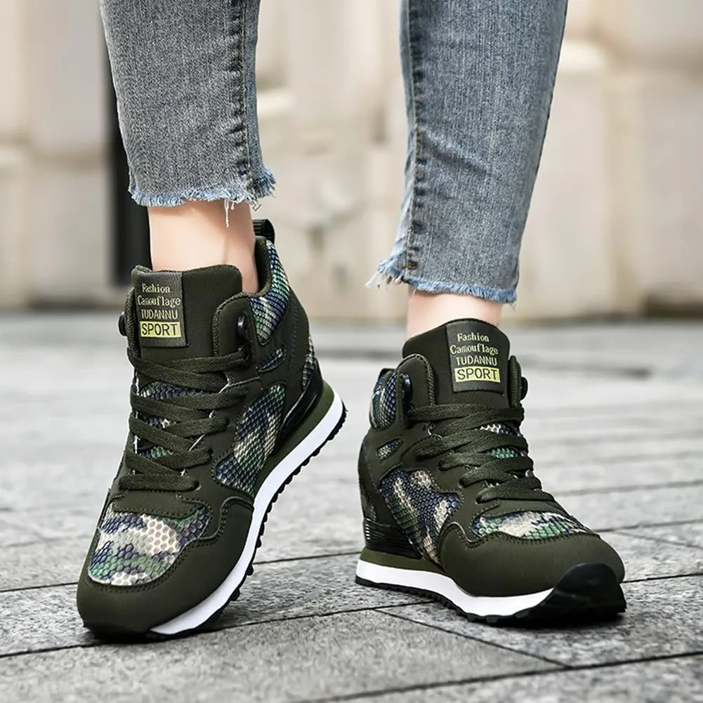 NCNDB Women's Camouflage Wedges Sneakers Inner Heightening Walking High-Heel Leisure Shoes US 4.5-10