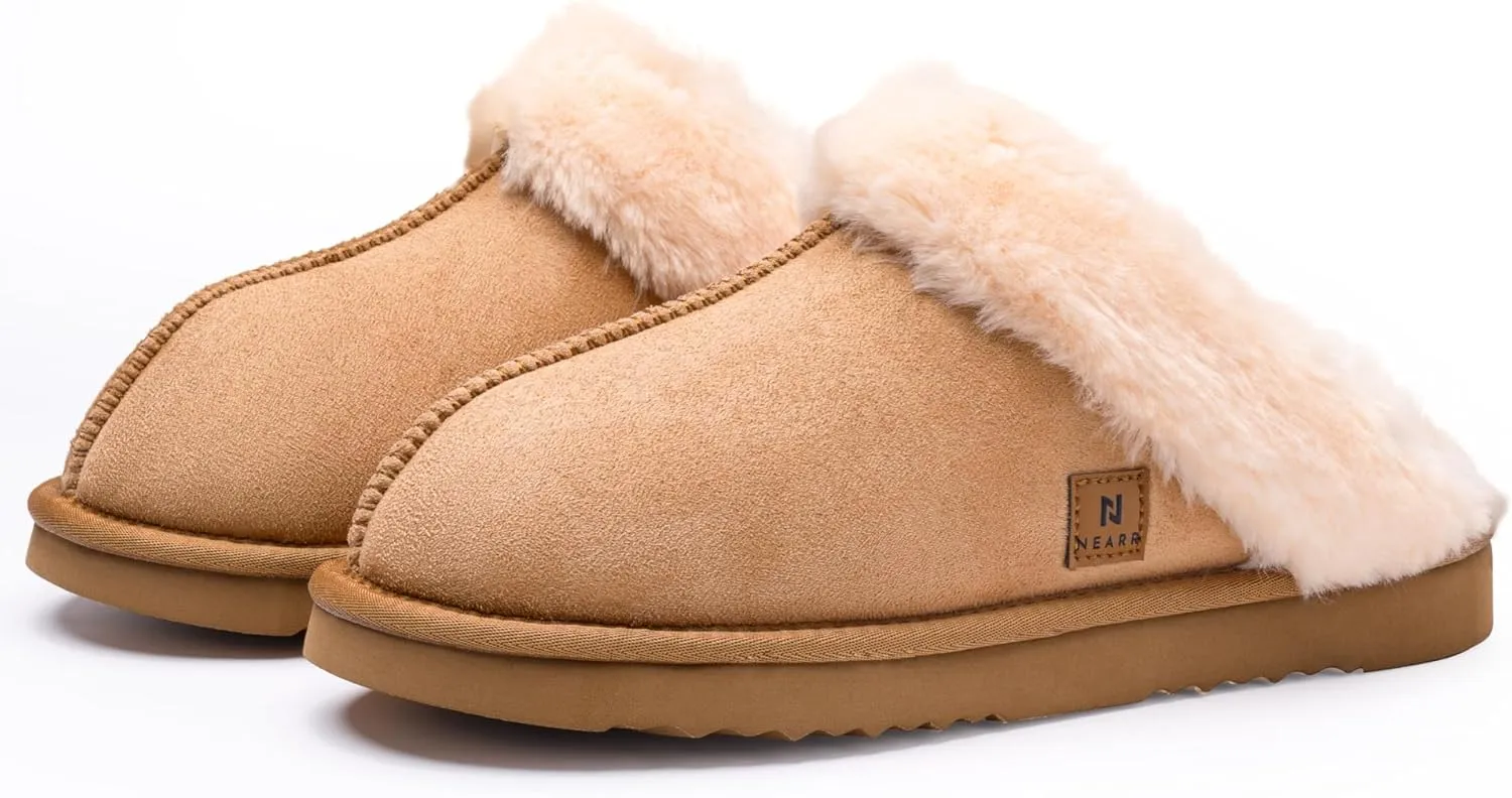 NEARR® Slip on Slippers for Women | Improved Memory Foam Slippers with Premium Microsuede, Faux Shearling Fur Lining & Hard Bottoms for Indoor & Outdoor | All Seasons