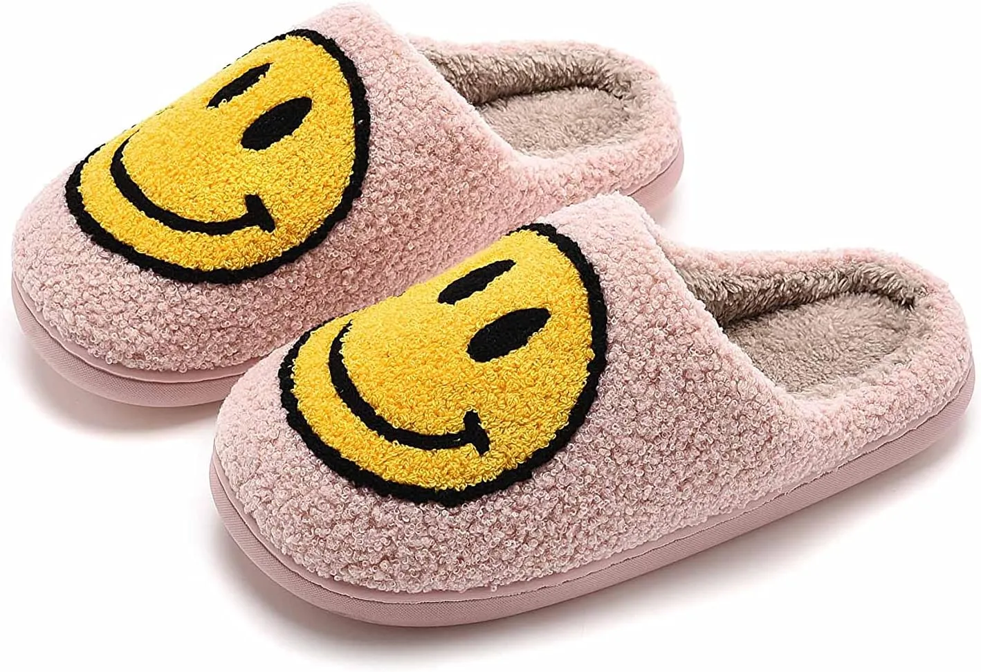 NEVEROLD Fun Happy Face Smile Emoticon Fluffy Sherpa Slip On House Slippers for Women and Men