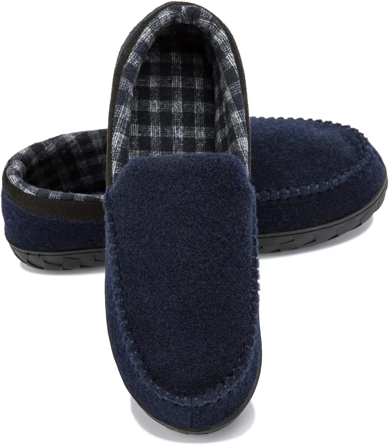 NewDenBer Men's Moccasin Slippers Warm Memory Foam Felted Wool Plush Shearling Lined Slip on Indoor Outdoor House Shoes