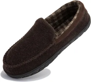 NewDenBer Men's Moccasin Slippers Warm Memory Foam Felted Wool Plush Shearling Lined Slip on Indoor Outdoor House Shoes