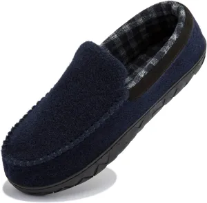 NewDenBer Men's Moccasin Slippers Warm Memory Foam Felted Wool Plush Shearling Lined Slip on Indoor Outdoor House Shoes