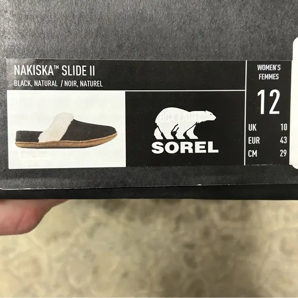 NWT NIB SOREL Women 12 Nakiska II Faux Shearling Slide Slipper Black Natural