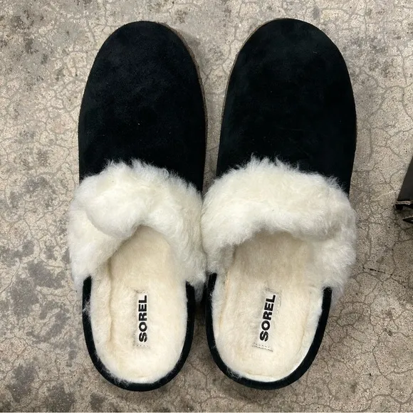 NWT NIB SOREL Women 12 Nakiska II Faux Shearling Slide Slipper Black Natural