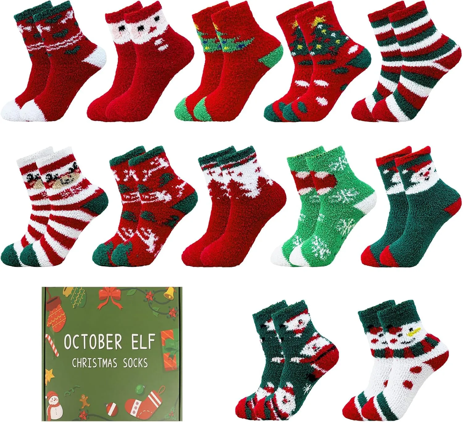 October Elf 6 Pairs Adult Christmas Holiday Socks - Warm, Cozy Fuzzy Socks With Plus Size And Anti-Slip Bottom