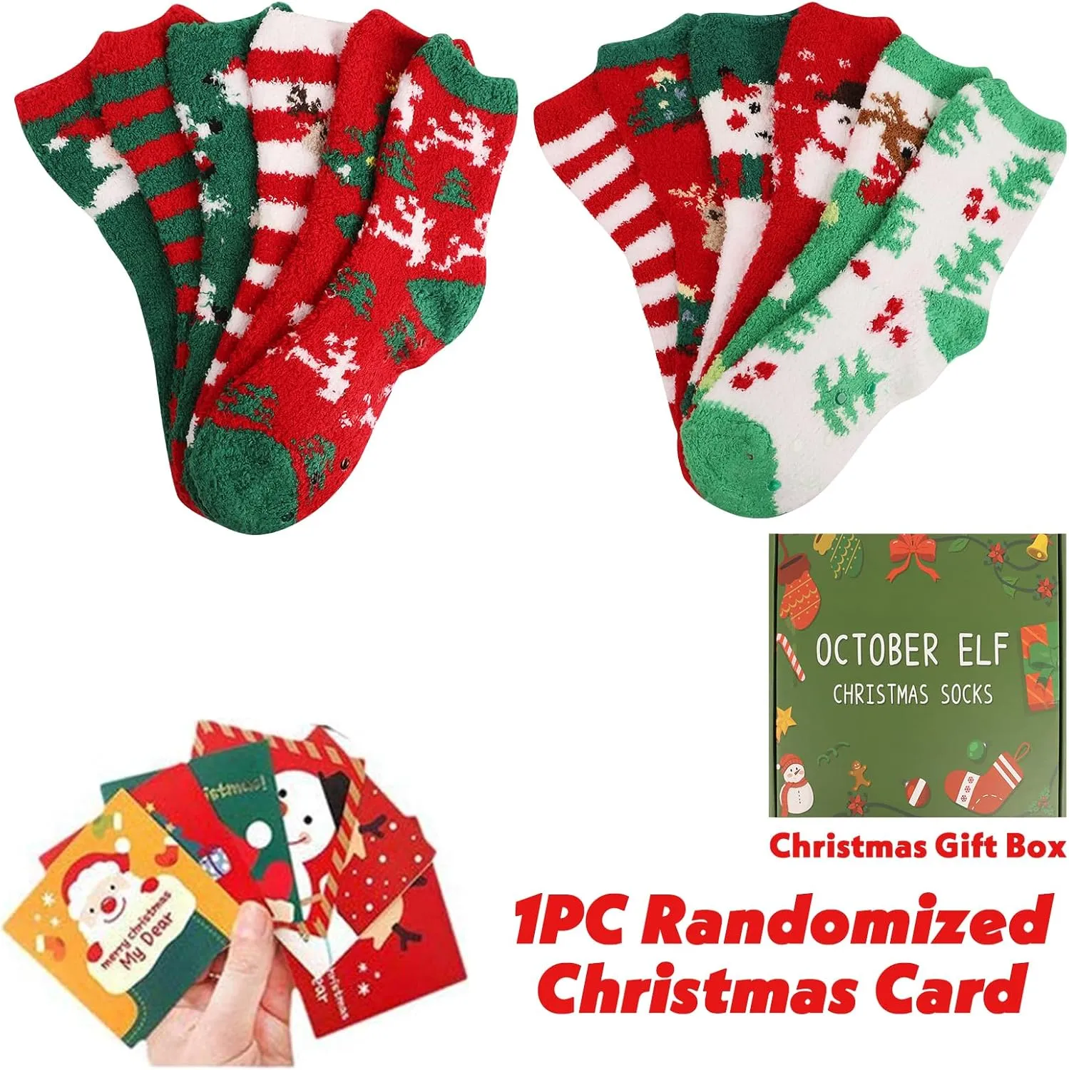 October Elf 6 Pairs Adult Christmas Holiday Socks - Warm, Cozy Fuzzy Socks With Plus Size And Anti-Slip Bottom