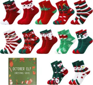 October Elf 6 Pairs Adult Christmas Holiday Socks - Warm, Cozy Fuzzy Socks With Plus Size And Anti-Slip Bottom