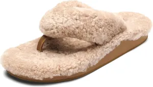 OLUKAI Kipe'a Heu Women's Sandal Slippers, Soft & Comfortable Shearling-Wrapped Straps, Durable RUbber Outsoles for All-Day Wear, Causal & Cute Everyday Style, Tan/Tan, 8