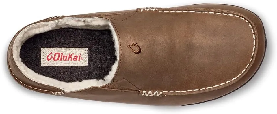 OLUKAI Moloa Slipper Men's Premium Leather Slip On Shoes, Soft Genuine Shearling Lining & Gel Insert, Drop-In Heel & All-Day Comfort