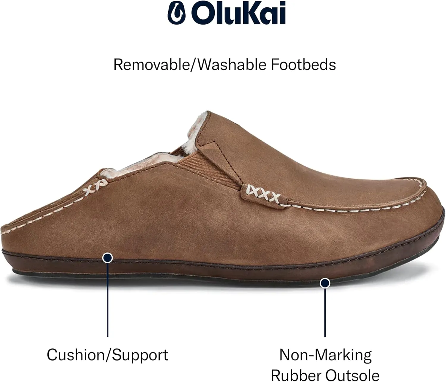 OLUKAI Moloa Slipper Men's Premium Leather Slip On Shoes, Soft Genuine Shearling Lining & Gel Insert, Drop-In Heel & All-Day Comfort