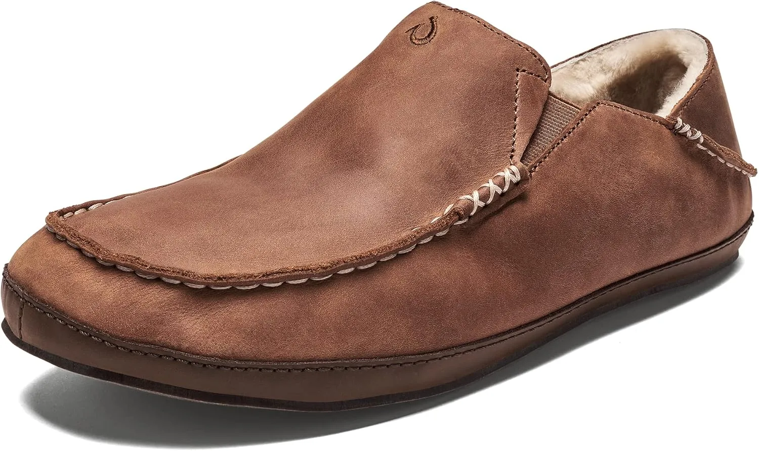 OLUKAI Moloa Slipper Men's Premium Leather Slip On Shoes, Soft Genuine Shearling Lining & Gel Insert, Drop-In Heel & All-Day Comfort