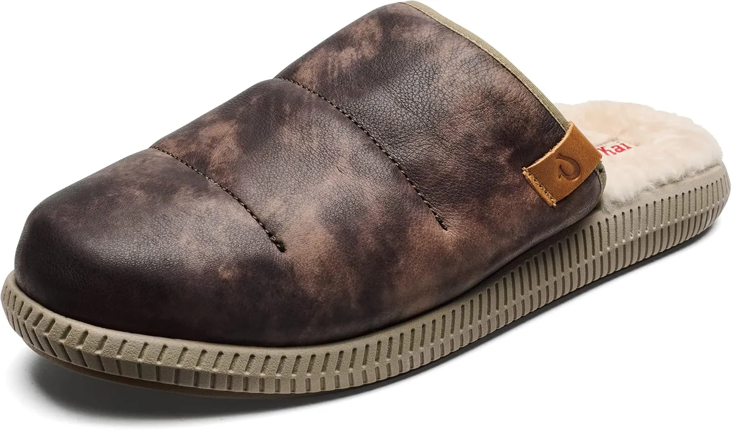 OLUKAI Mua'lli Men's Slipper, Premium Leather Slip On Shoes, Shearling Lining & Extra Warmth