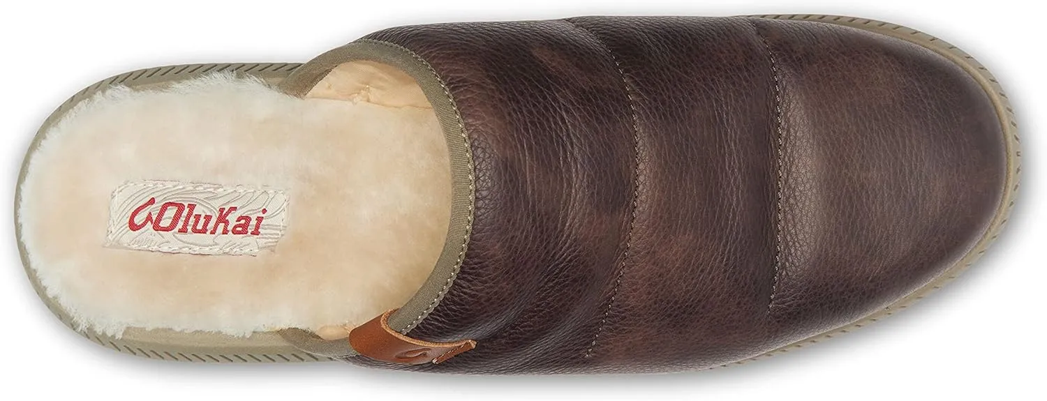 OLUKAI Mua'lli Men's Slipper, Premium Leather Slip On Shoes, Shearling Lining & Extra Warmth