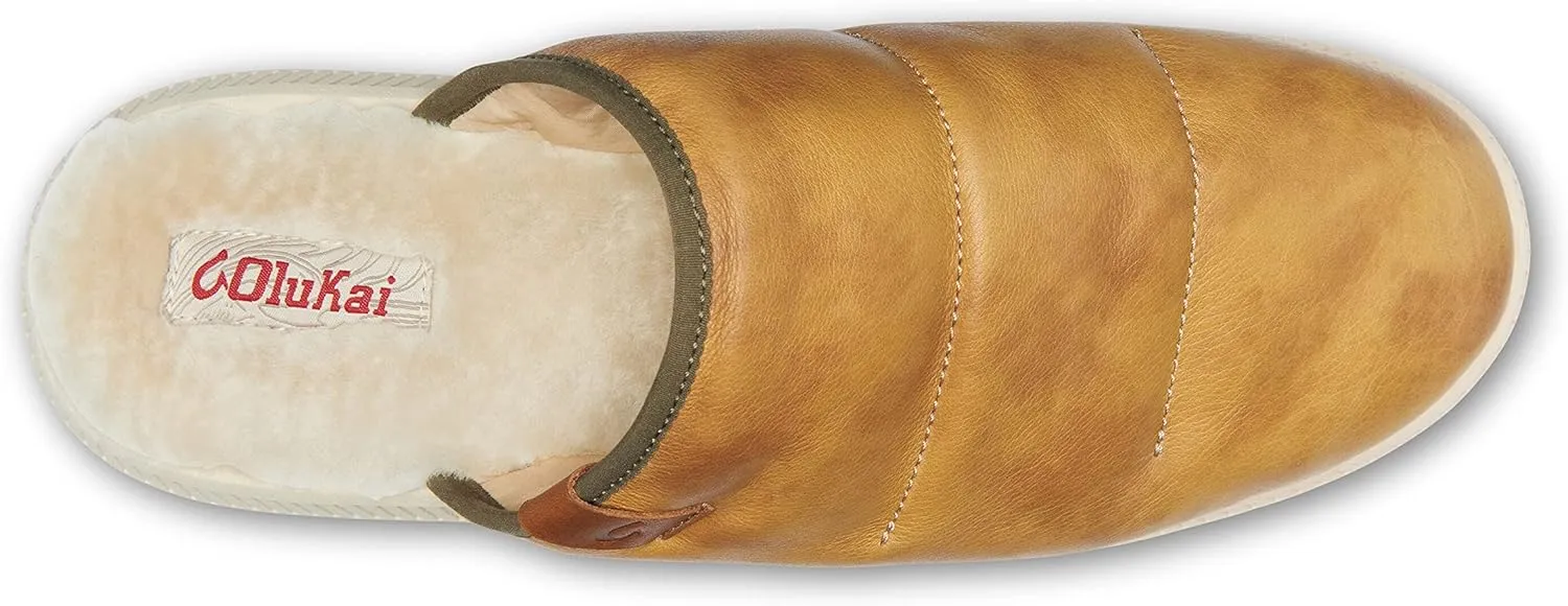 OLUKAI Mua'lli Men's Slipper, Premium Leather Slip On Shoes, Shearling Lining & Extra Warmth